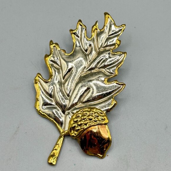 Oak Leaf Acorn Pin Brooch Brutalist Handcrafted Mixed Metals Oversized Signed SJ - Picture 3 of 7